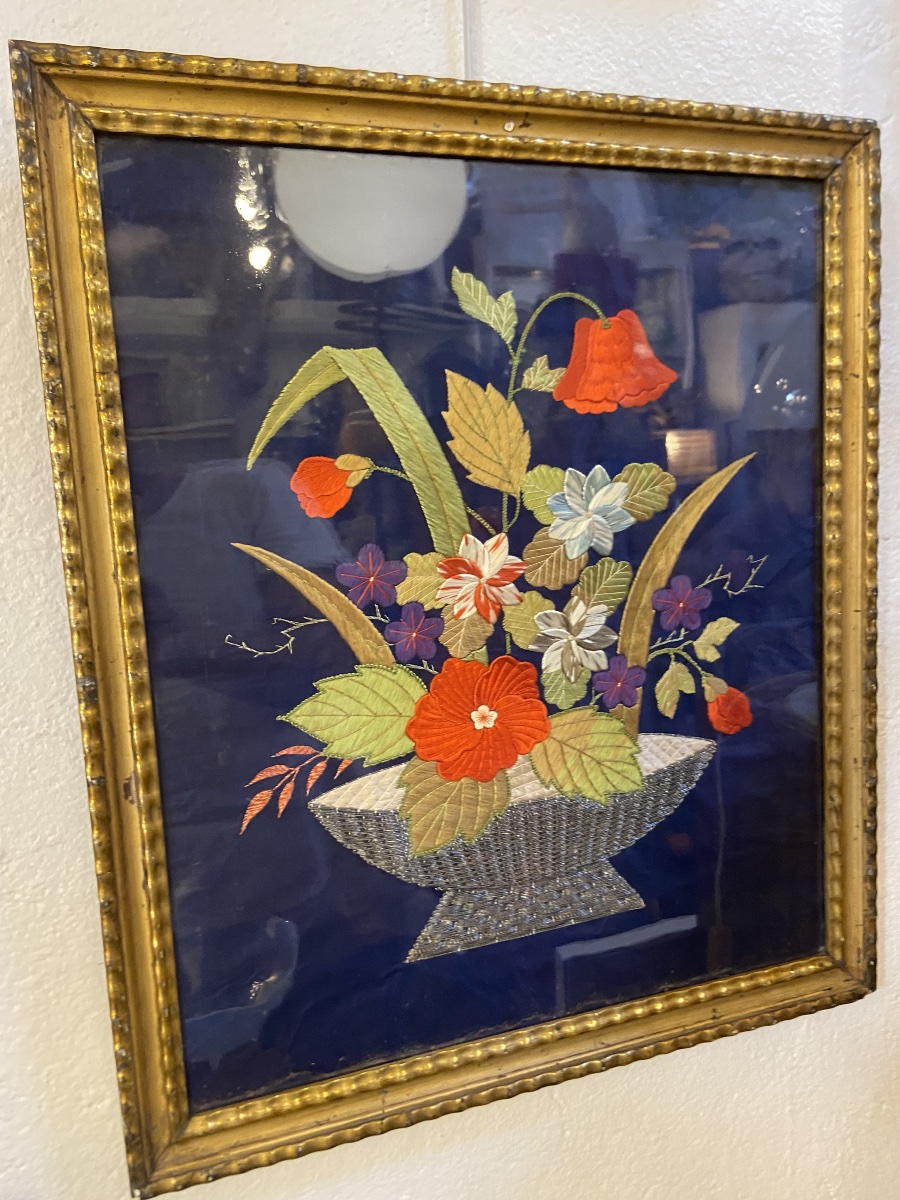Broderie De Soie, Bouquet De Fleurs, Epoque XIXe-photo-3