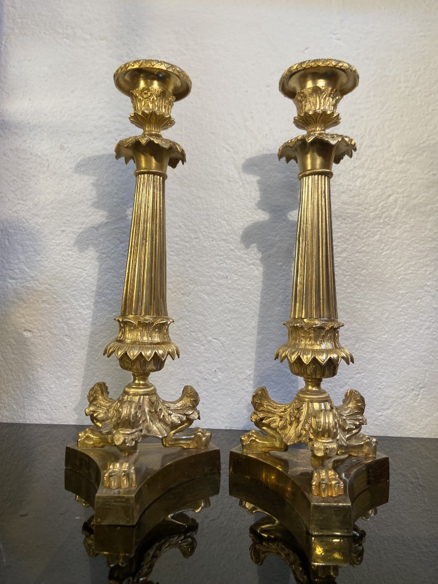 Paire De Bougeoirs En Bronze Doré, Epoque Restauration-photo-4