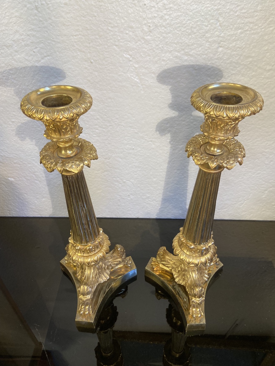 Paire De Bougeoirs En Bronze Doré, Epoque Restauration-photo-3