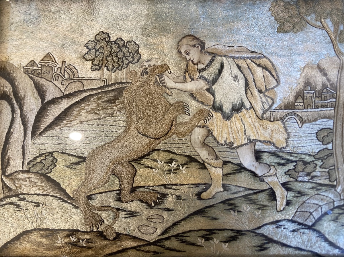 Embroidery Depicting Hercules Fighting The Lion, 19th Century-photo-2