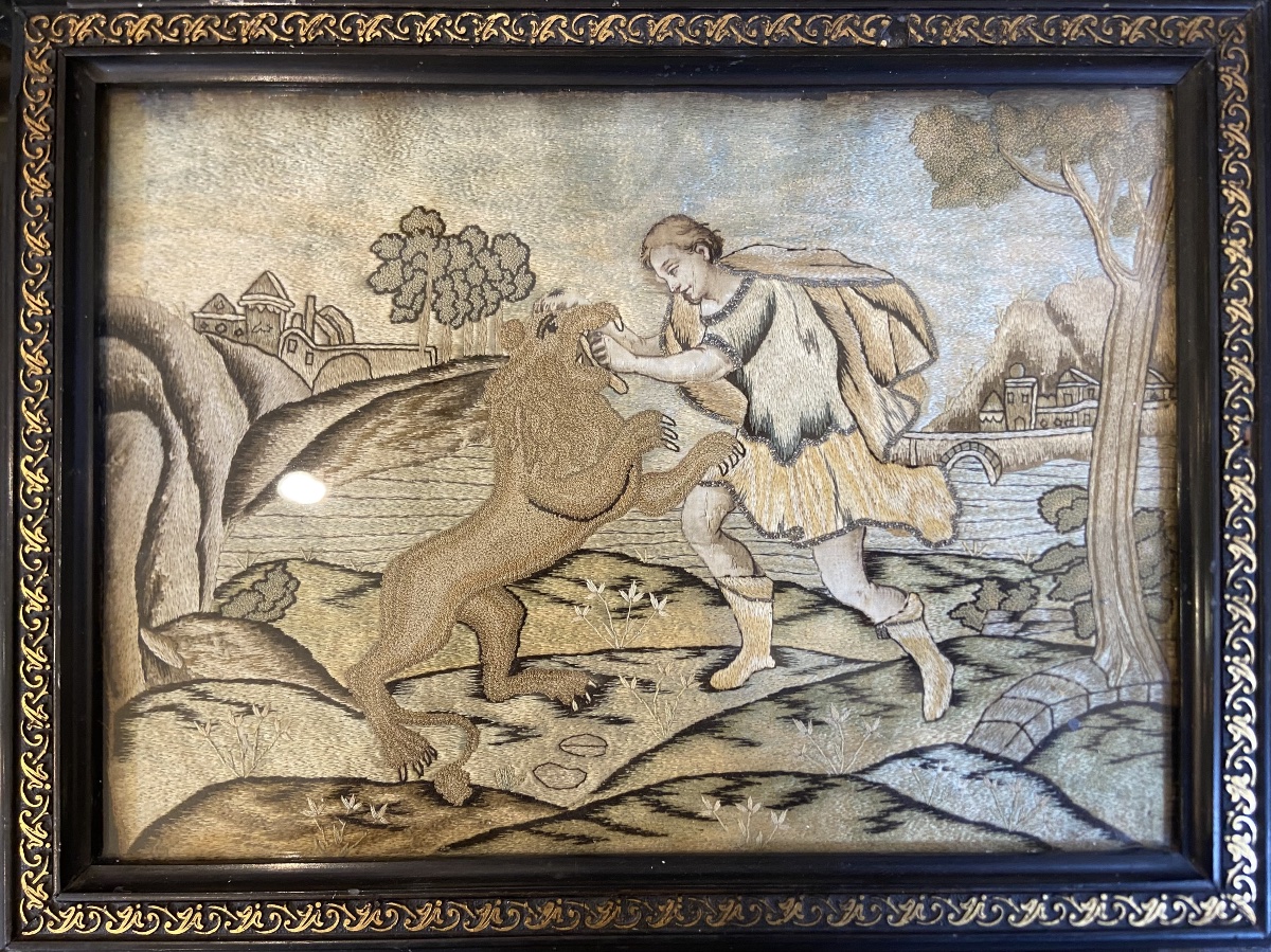 Embroidery Depicting Hercules Fighting The Lion, 19th Century