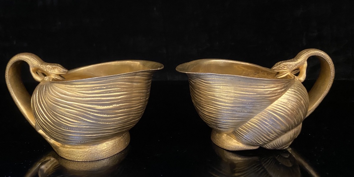 Deux Tasses Verseuses Art Nouveau, Bronze Doré, Epoque Fin XIXe/Début XXe-photo-4