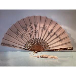 Butterfly Fan, Mahogany, Silk, Ivory Inlays, Period 1900