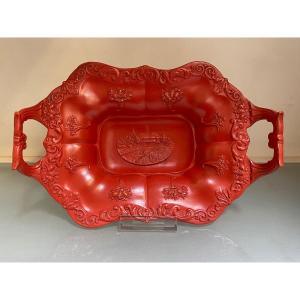 Plat A Anses En Biscuit Peint En Rouge Pompéien, Epoque XIXème