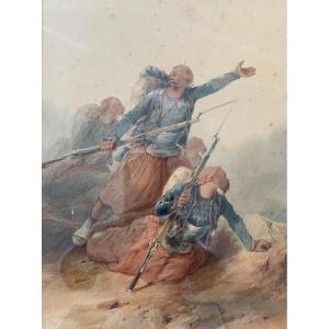 Aquarelle Scène De Bataille Orientaliste Par Pierre Letuaire, Epoque XIXème