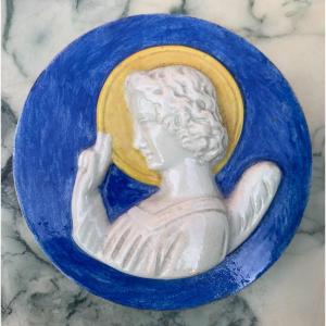 Small Wall Medallion With Angel In Earthenware Dlg By Della Robia, Early 20th Century