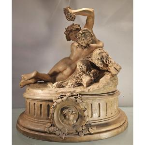 Groupe En Terre Cuite D'Après Clodion, Pan Et La Nymphe Syrinx, Epoque 1900