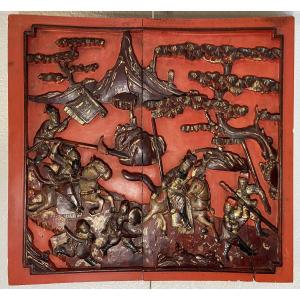 Chinese Bas-relief Panel, Carved And Lacquered Wood, 19th Century