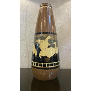 Art Deco Vase With Geese, Glazed Terracotta, 1930s