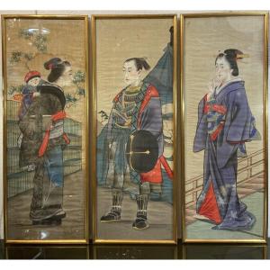 Trois Peintures Sur Soie Japonaises, Epoque Fin XIXe/Début XXe