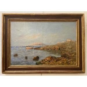 Large Oil On Canvas, Seaside In Palermo, By Rosario Di Fazio, 1940s