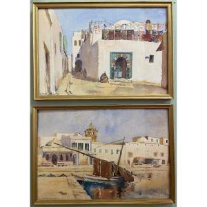 Deux Aquarelles Orientalistes Par Geneviève Gallibert, Année 1920