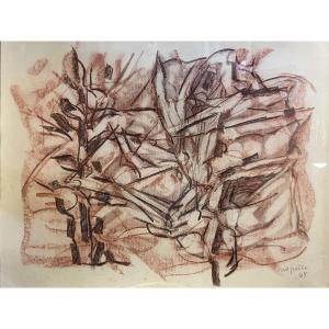 Abstract Landscape Drawing By Jean-paul Riopelle, Charcoal And Sanguine, Year 1965