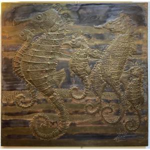 Panneau De Cuivre Repoussé Aux Hyppocampes, Années 1970
