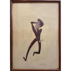 Gouache Drawing Caricature Of Yves Montand By Bernard Grambert, 1950s