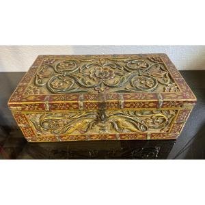 Coffret A Bijoux Indien, Bois sculpté Polychrome, Epoque XIXe