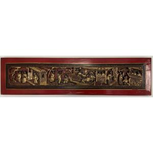 Long Bas-Relief Chinois En bois Sculpté, Epoque Fin XIXe/Début XXe