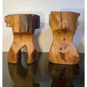 Two Brutalist Olive Wood Stools, 1980s