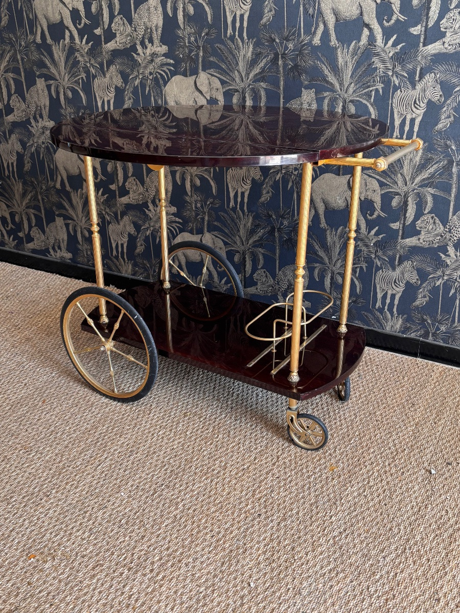 1950s Mahogany Brass Rolling Trolley-photo-2