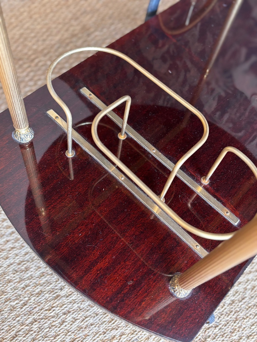 1950s Mahogany Brass Rolling Trolley-photo-3