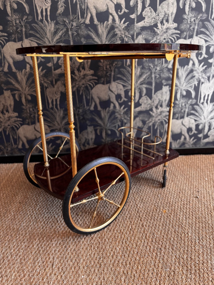 1950s Mahogany Brass Rolling Trolley-photo-4