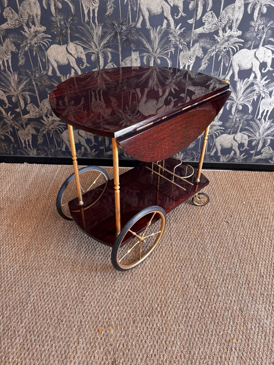 1950s Mahogany Brass Rolling Trolley-photo-3