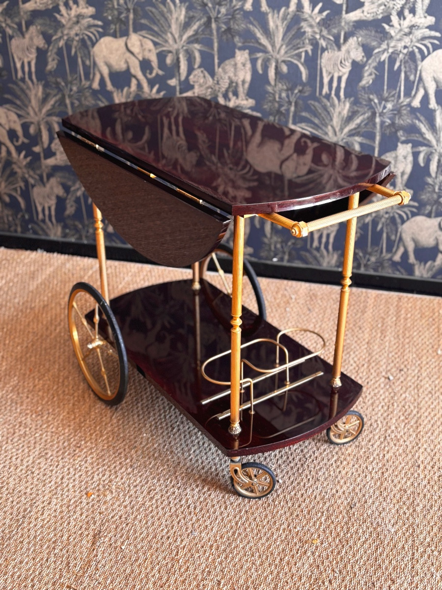 1950s Mahogany Brass Rolling Trolley