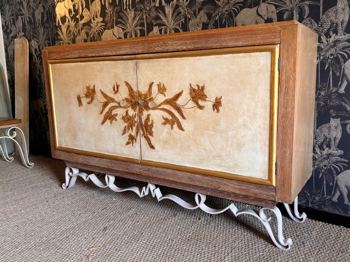 Art Deco Sideboard, Wrought Iron With A Ceruse Oak Lacquer Finish, 1940