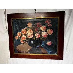 Grand Tableau Hst Bouquet De Roses Circa 1940