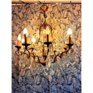 Lustre Pampilles Bronze 10 Feux Début XXeme 