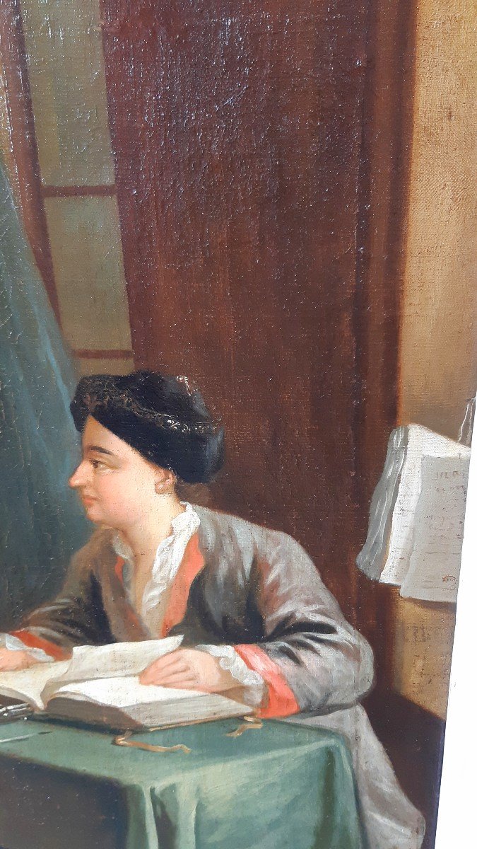 scène d'intérieur, huile sur toile du  XVIIIème siècle-photo-3