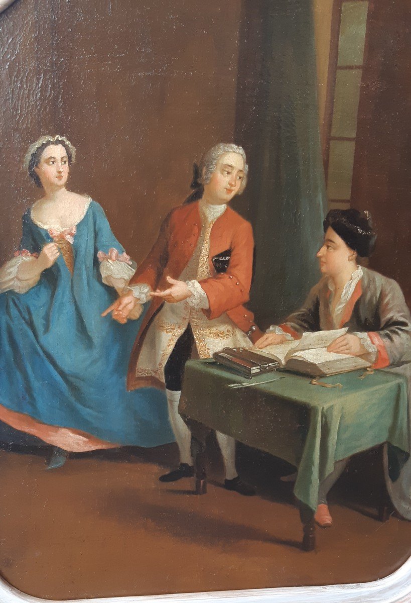 scène d'intérieur, huile sur toile du  XVIIIème siècle-photo-1
