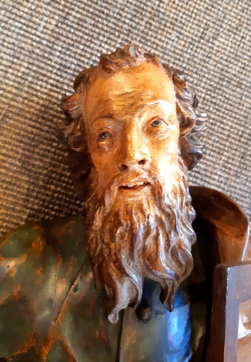 Sculpture bois polychrome Saint Thomas sur une nuée du XVIIème siècle-photo-2