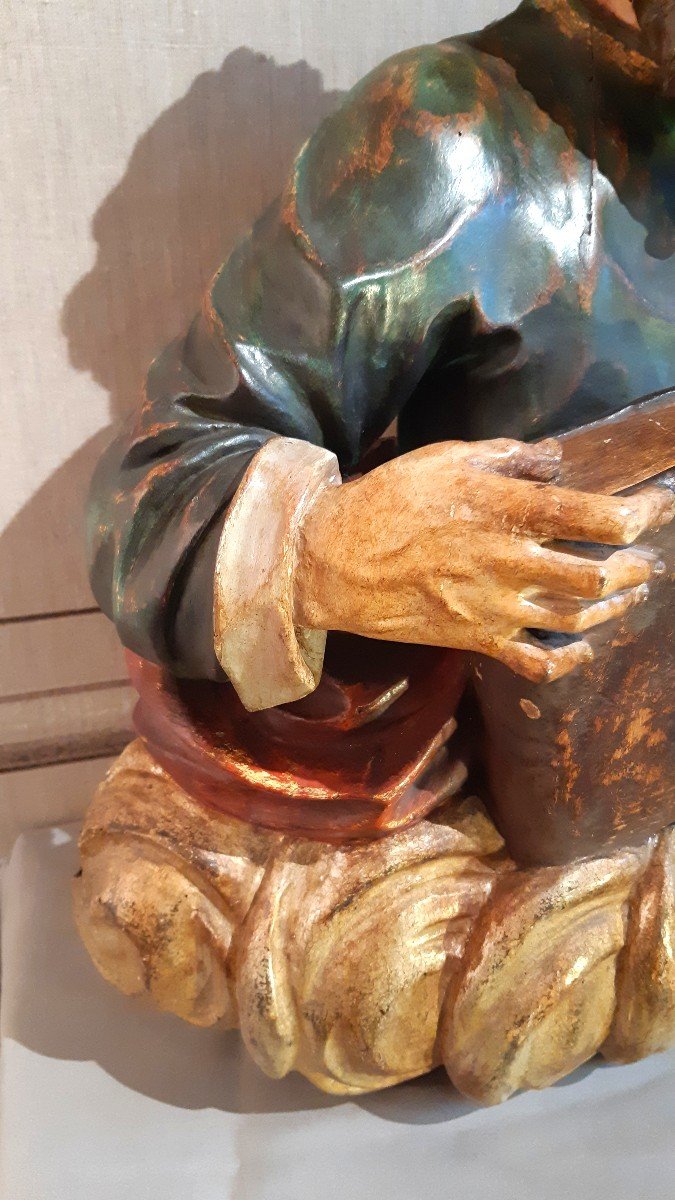 Sculpture bois polychrome Saint Thomas sur une nuée du XVIIème siècle-photo-3