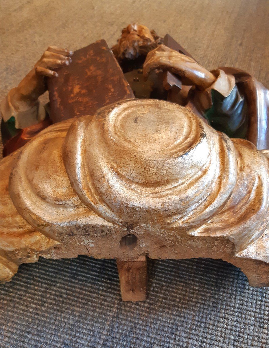 Sculpture bois polychrome Saint Thomas sur une nuée du XVIIème siècle-photo-4