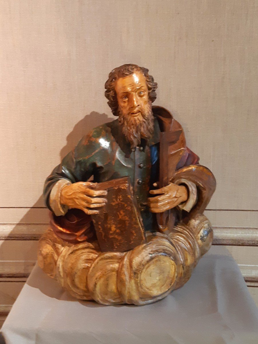 Sculpture bois polychrome Saint Thomas sur une nuée du XVIIème siècle