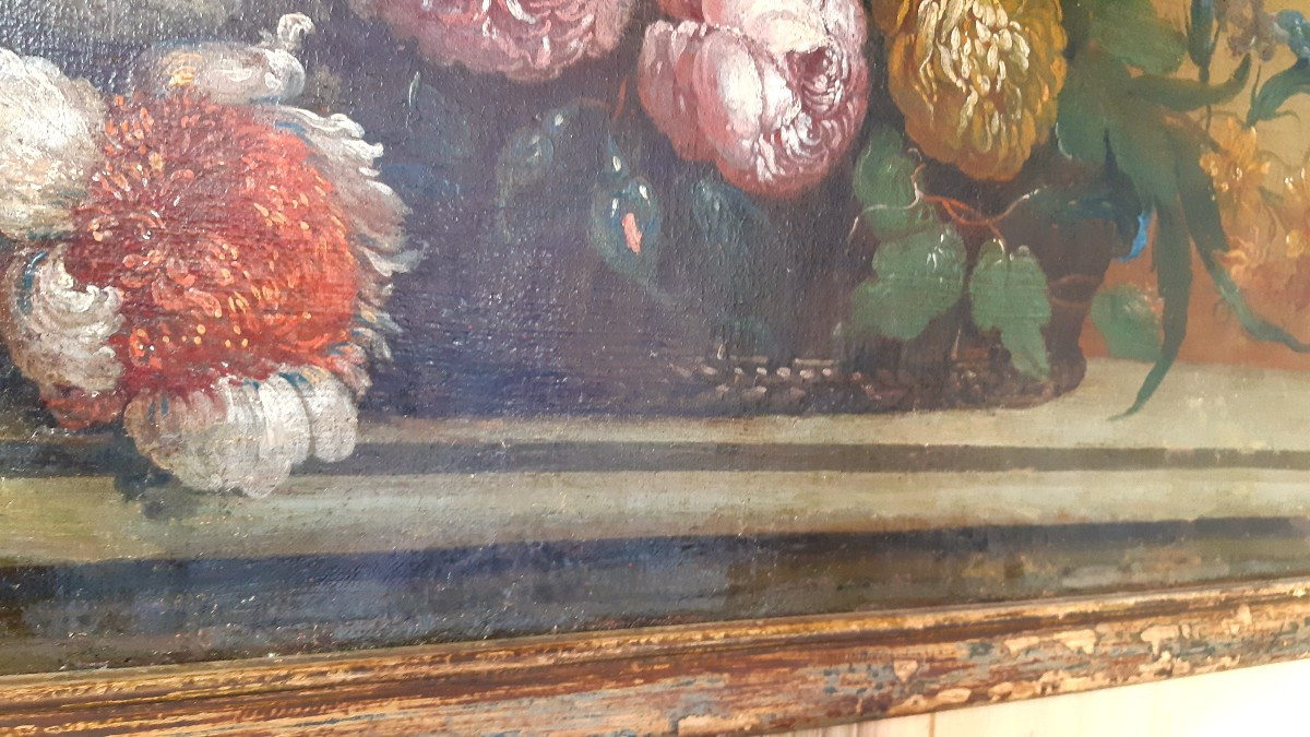Tableau : composition de fleurs sur un entablement du XVIIIème siècle-photo-2