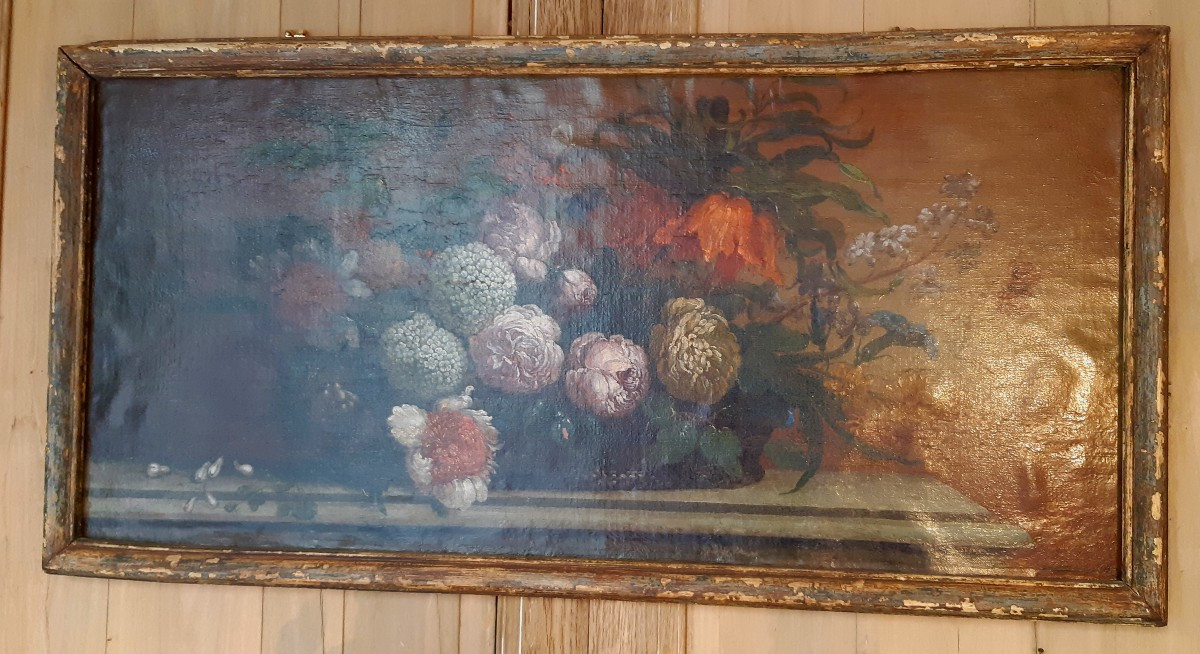 Tableau : composition de fleurs sur un entablement du XVIIIème siècle-photo-1