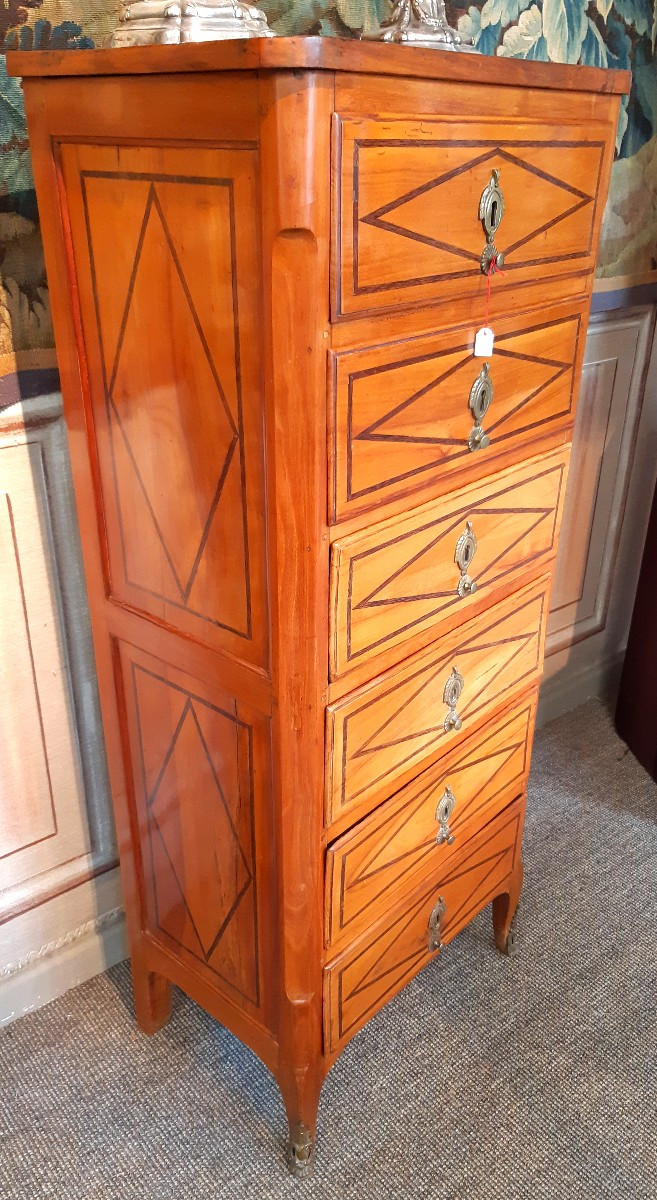 Small Cherrywood Chest Of Drawers, Amaranth Fillets, Marquetry, Transition Period, 18th Century-photo-2