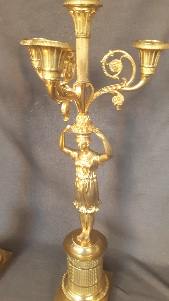 Paire de candélabres en bronze ciselé, doré d'époque Empire-photo-2