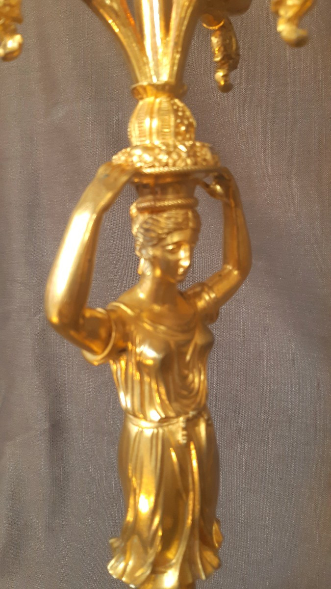 Paire de candélabres en bronze ciselé, doré d'époque Empire-photo-3