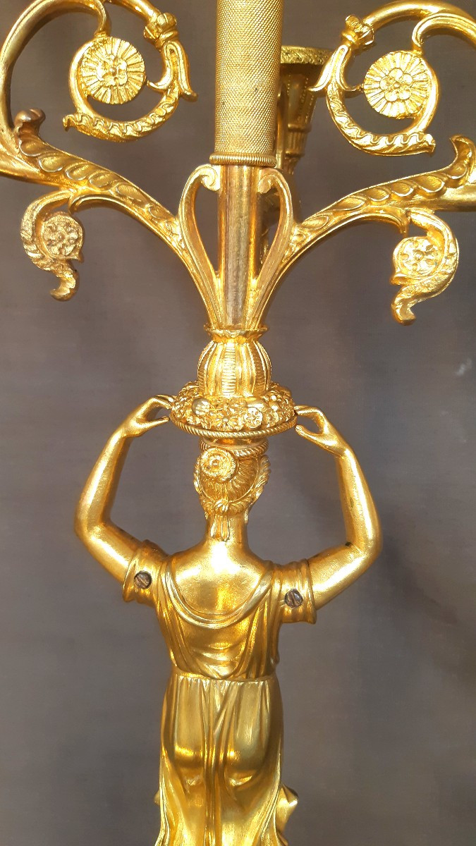 Paire de candélabres en bronze ciselé, doré d'époque Empire-photo-2