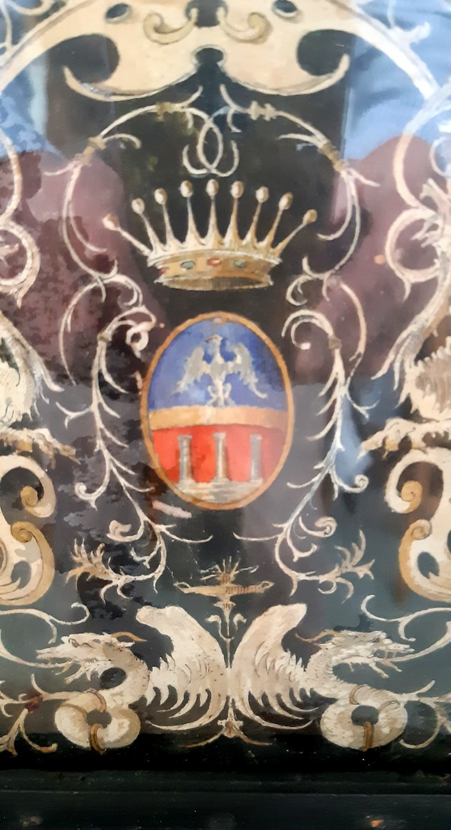 17th Century Flemish Travel Cabinet, Painted Decoration Fixed Under Glass.-photo-3