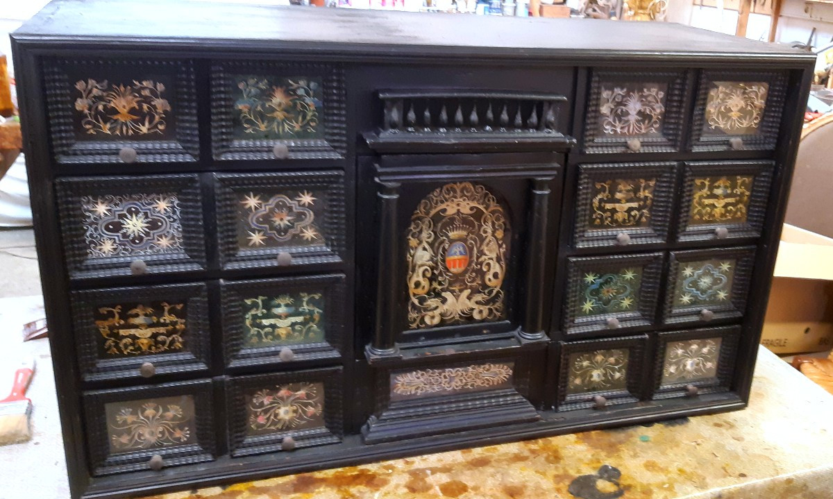 17th Century Flemish Travel Cabinet, Painted Decoration Fixed Under Glass.