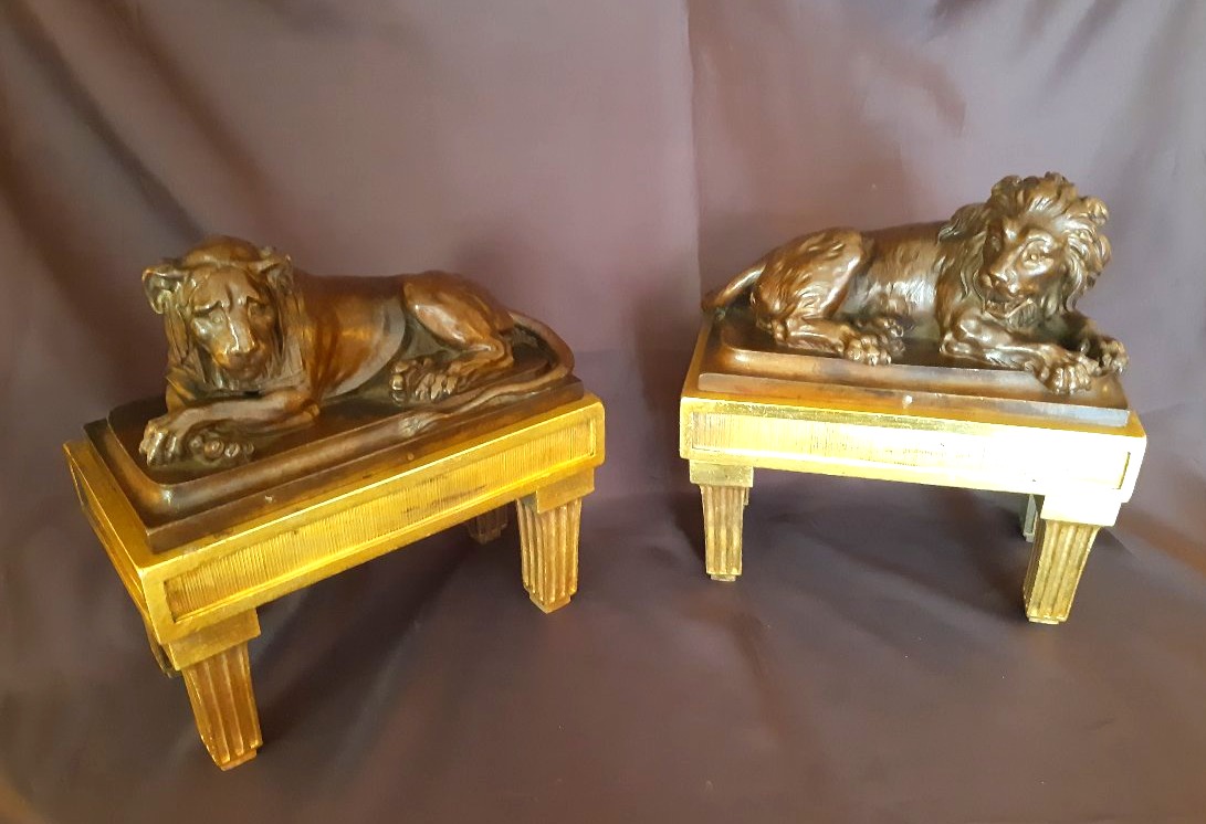 Paire de "feux" aux lion et lionne d'époque Louis XVI