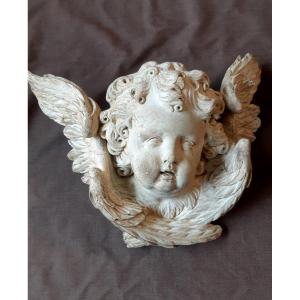 Winged Angel Head In Carved Wood From The 18th Century