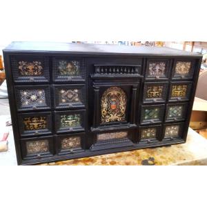 17th Century Flemish Travel Cabinet, Painted Decoration Fixed Under Glass.
