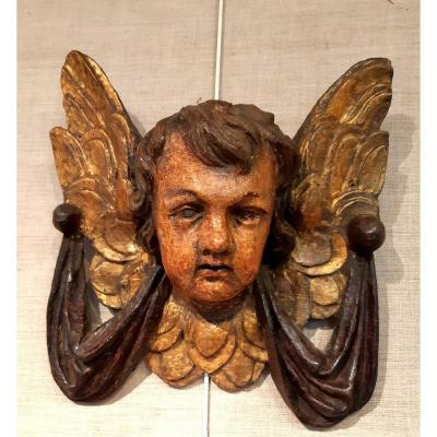 17th Century Polychrome And Gilded Carved Wooden Angel