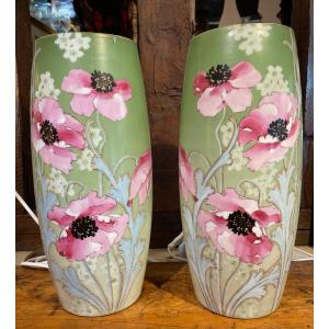 Pair Of Nineteenth Enamelled Opaline Vase