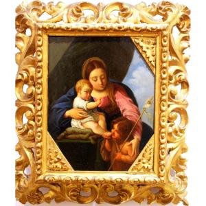 Virgin And Child And Saint John The Baptist Oil On Copper Italian Frame In Golden Wood